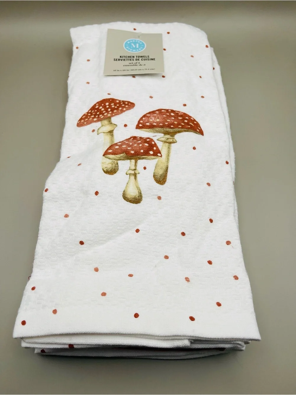 Mushroom Print Kitchen Towel - White with Rust Dots